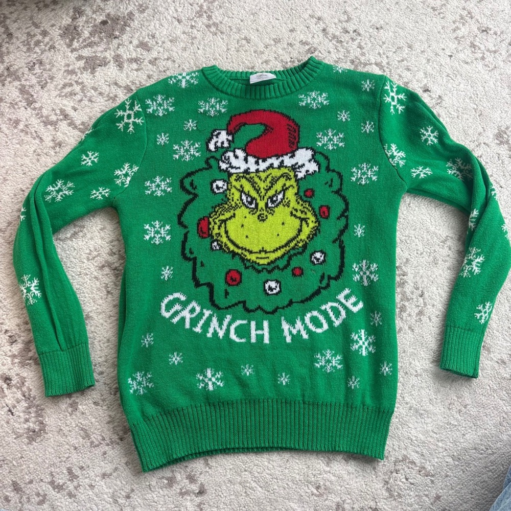 Dr Seuss The Grinch Mode Christmas Sweater Kids Green Pullover size Medium‎